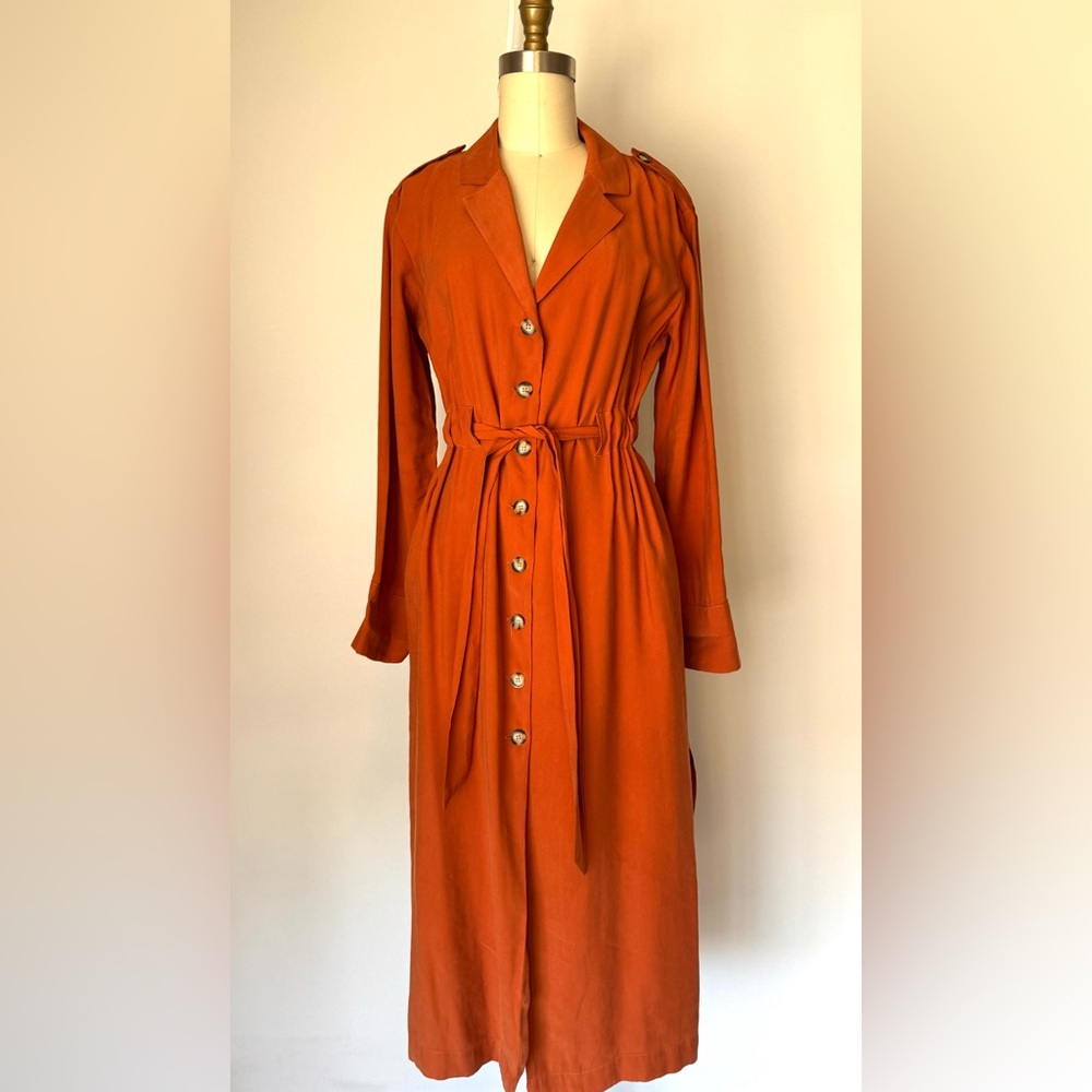 Zara Orange Long Sleeve Button Front Shirt Dress Soft Light Weight Belted Trench